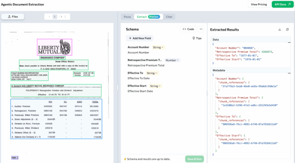 Скриншот ADE Playground, извлекающей определенные поля из страхового документа