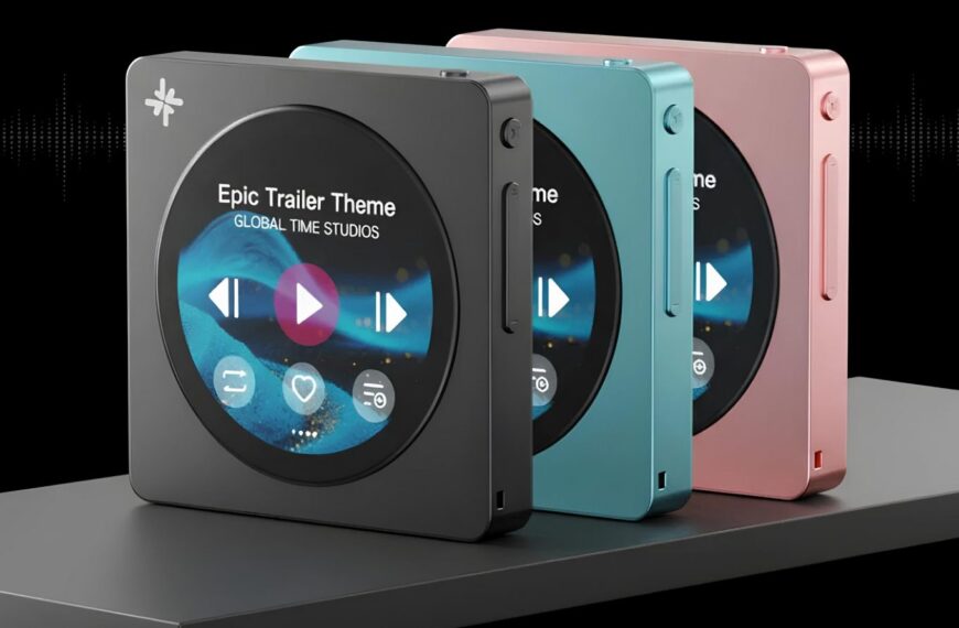 Три цветных портативных музыкальных плеера на черном фоне, экран с элементами управления музыкой.