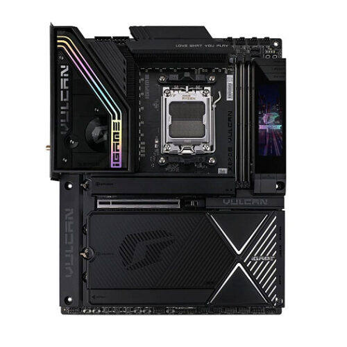 Материнская плата с подсветкой, разъемами и надписью "Vulcan".