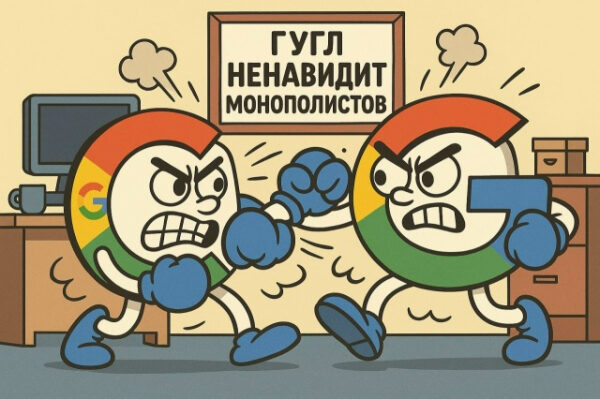Два сердитых персонажа с логотипом Google дерутся, постер: "Гугл ненавидит монополистов".