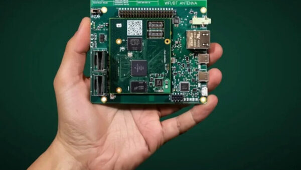 Рука держит зеленую печатную плату с чипами и разъёмами на тёмно-зелёном фоне.