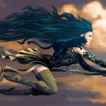 Ведьма на метле в полете с развевающимися лентами на фоне облачного неба.