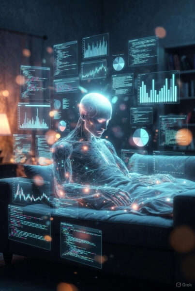 Когда ИИ ложится на кушетку: как "психотерапия" раскрывает внутренние конфликты в передовых моделях 1 Кибернетический человек с голографическими графиками и кодом в футуристическом интерьере.