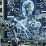 Робот в лаборатории анализирует данные на экране. Искусственный интеллект. Высокие технологии.