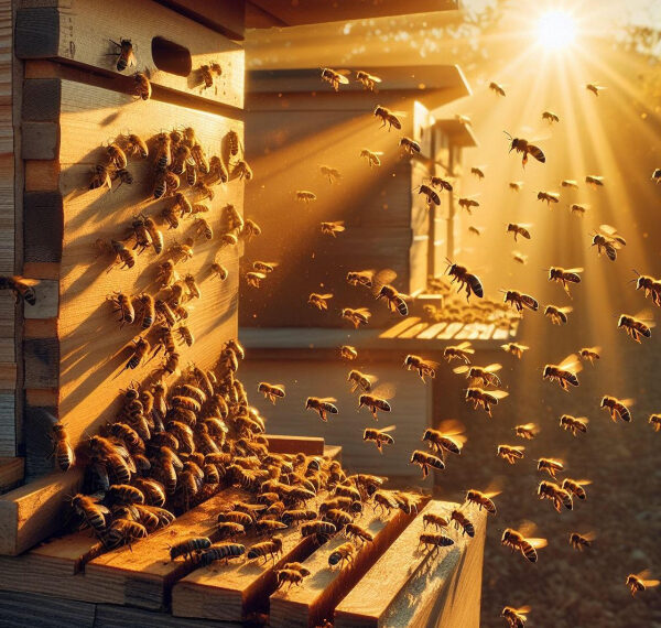 Пчелы летают возле ульев в лучах закатного солнца.