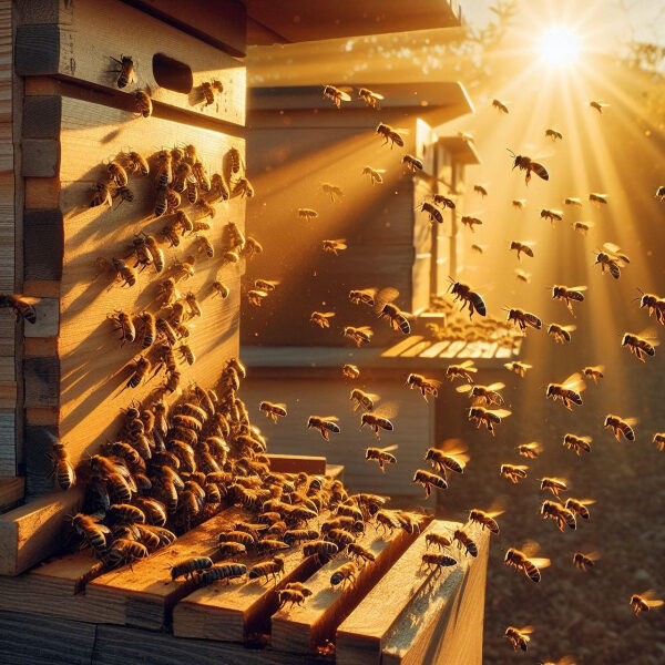 Пчелы летают возле ульев в лучах закатного солнца.