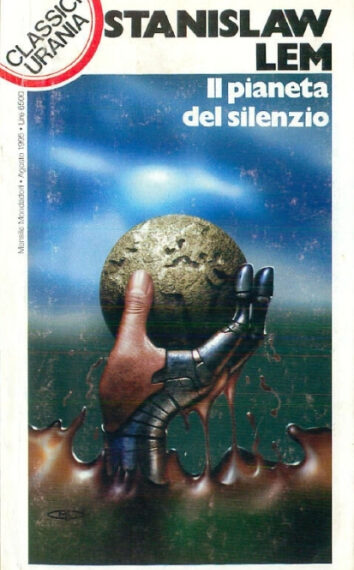 Обложка книги "Il pianeta del silenzio" Станислава Лема с изображением руки, держащей сферу.