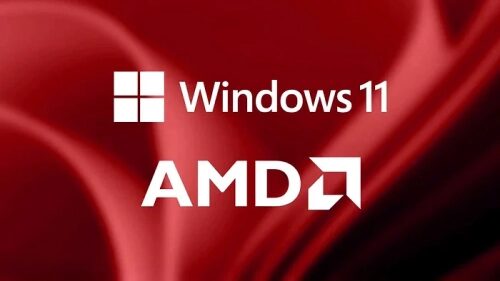 Логотипы Windows 11 и AMD на красном фоне.