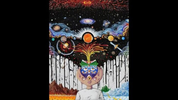 Психоделическая иллюстрация с открытым разумом и космосом над головой человека.