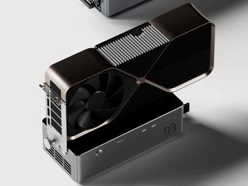 Компьютерная видеокарта в футуристическом дизайне на светлом фоне.