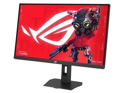 Игровой монитор ASUS ROG с изображением кибергероя на красном фоне.