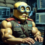 Миньон в военной форме за компьютером, курит сигару, экраны с кодом на заднем фоне.
