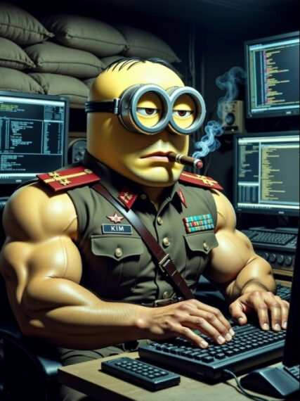 Миньон в военной форме за компьютером, курит сигару, экраны с кодом на заднем фоне.