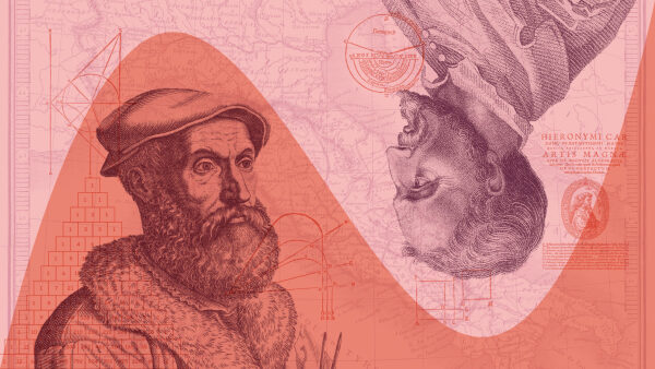 Гравюры ученых на фоне геометрических рисунков и карт, красно-розовая гамма.