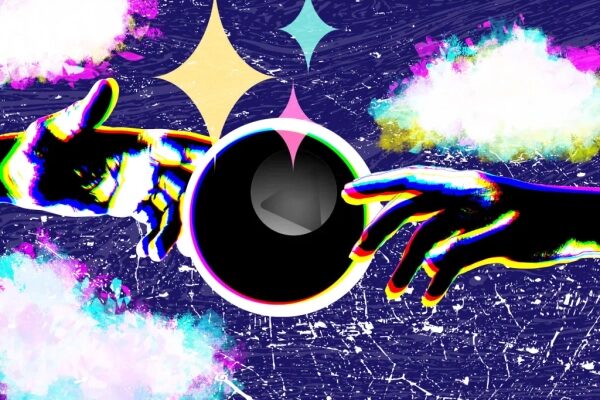 Абстрактное искусство: две руки с яркими красками тянутся к черному шару на фоне облаков.