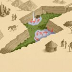 Рисованная африканская саванна с животными у озера, домиками и городом на фоне.