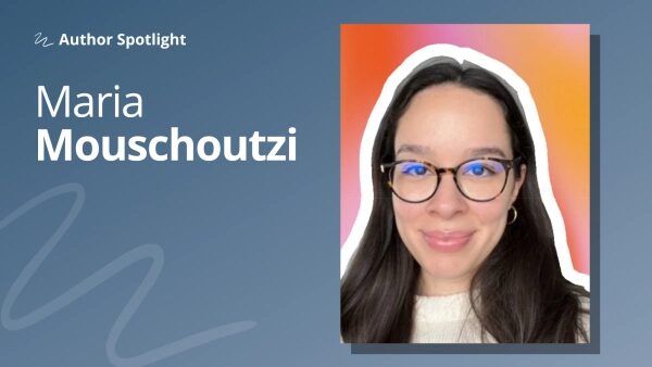 Портрет женщины в очках, фон с текстом "Author Spotlight" и именем "Maria Mouschoutzi".