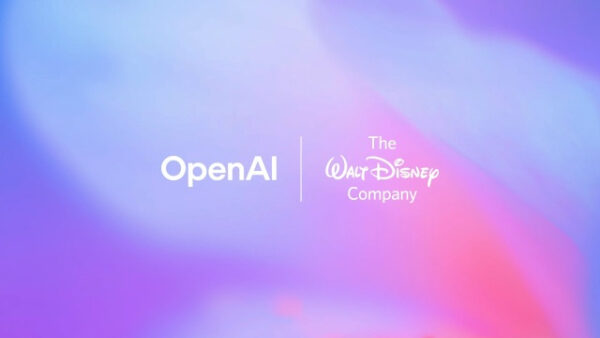 Логотипы OpenAI и Disney на фиолетово-розовом фоне.