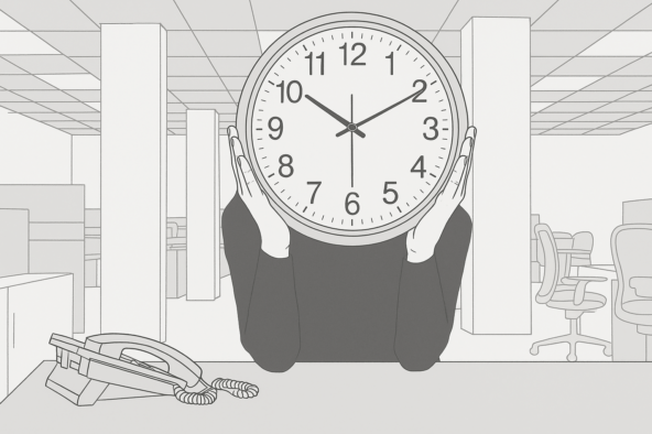 Человек в офисе держит настенные часы, телефон стоит рядом на столе.