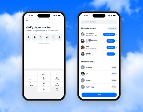 Скриншоты, демонстрирующие функцию сопоставления контактов в Bluesky.