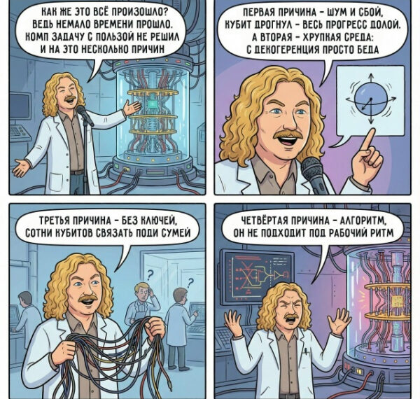 Учёный объясняет сложности квантовых вычислений в лаборатории, детализируя проблемы.