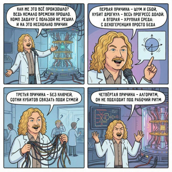 Четыре барьера на пути создания полезного квантового компьютера 3 Учёный объясняет сложности квантовых вычислений в лаборатории, детализируя проблемы.