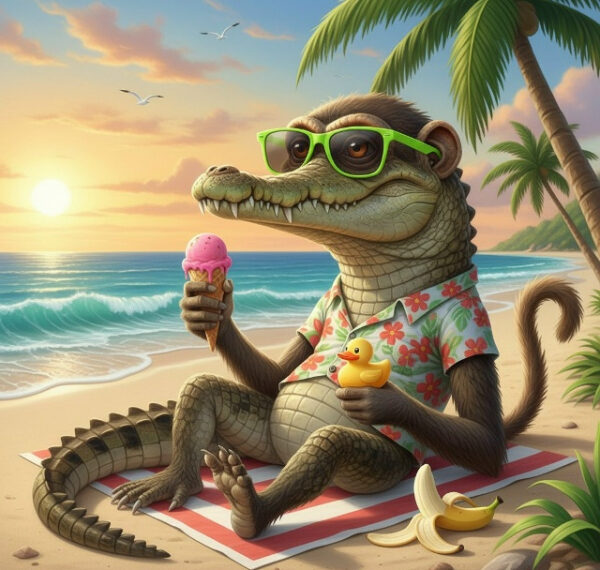 Крокодил в очках и гавайской рубашке ест мороженое на пляже, закат, пальмы и банан.