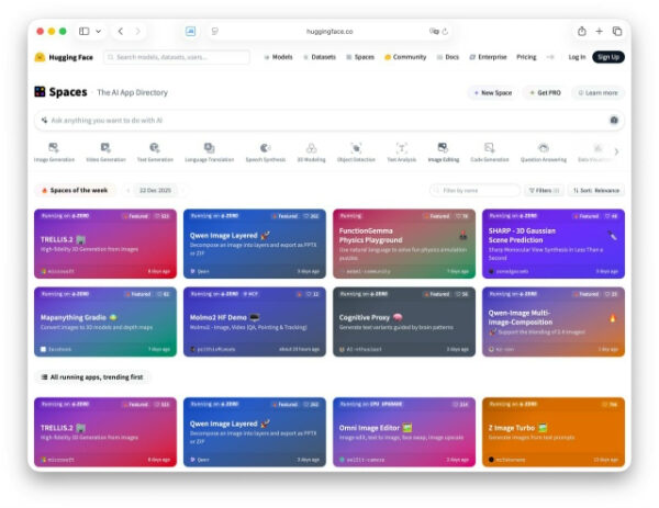 Интерфейс сайта Hugging Face со списком приложений ИИ и их описаниями на экране.