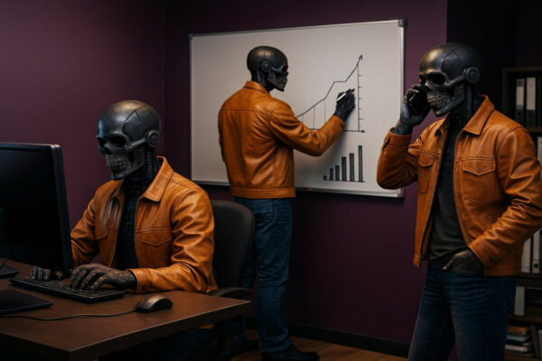 Три робота в кожаных куртках работают в офисе: за компьютером, у доски и с телефоном.