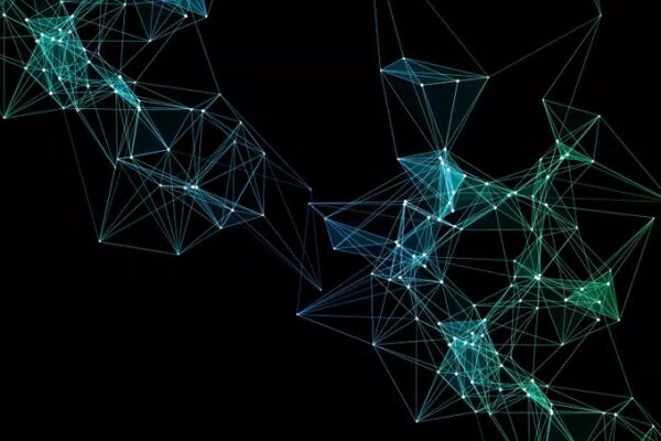 Абстрактная 3D сетка с линиями и точками на черном фоне.