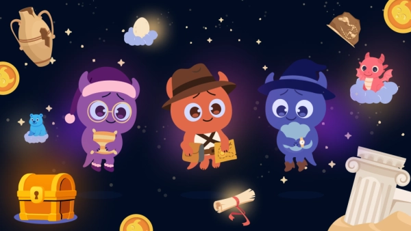 Три мультяшных персонажа-исследователя среди сокровищ и древних артефактов в ночи.