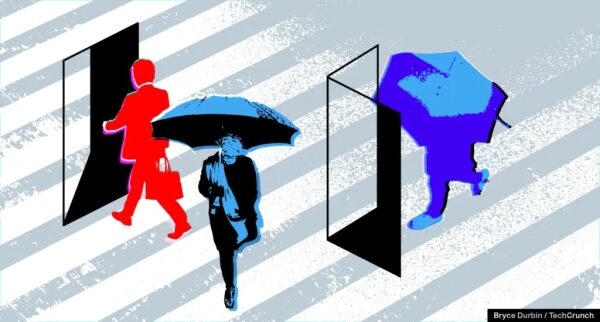 Люди с зонтиками в графическом стиле на зебропереходе.