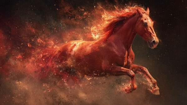Бегущая огненная лошадь на фоне искр и дыма, символ свободы и силы.
