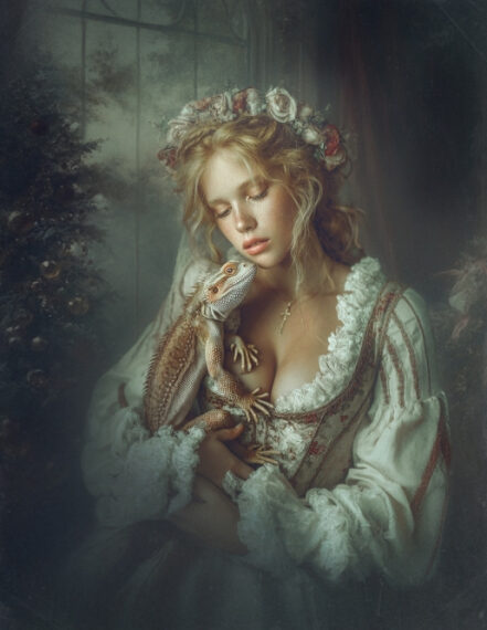 Женщина в старинном платье держит ящерицу на фоне лесного пейзажа.