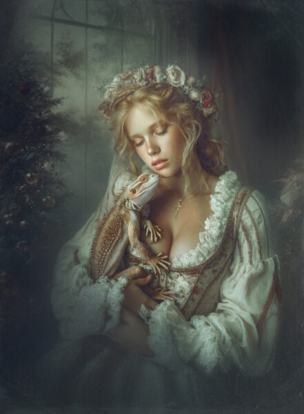 Где ИИ действительно НЕ нужен (и даже мешает) 3 Женщина в старинном платье держит ящерицу на фоне лесного пейзажа.