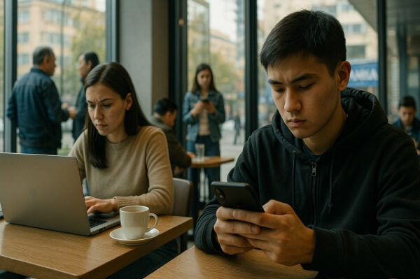 Молодые люди с ноутбуком и смартфоном в кафе, атмосфера работы и общения.