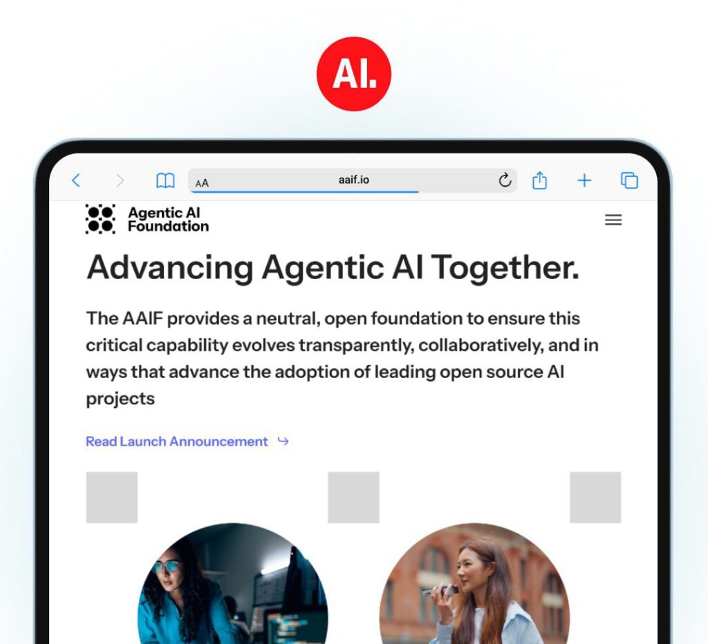 Anthropic, OpenAI и Block создали Agentic AI Foundation — новый... 1 Веб-сайт Agentic AI Foundation на экране планшета с текстом о совместной разработке ИИ.