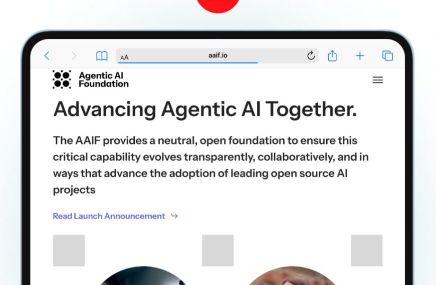 Веб-сайт Agentic AI Foundation на экране планшета с текстом о совместной разработке ИИ.