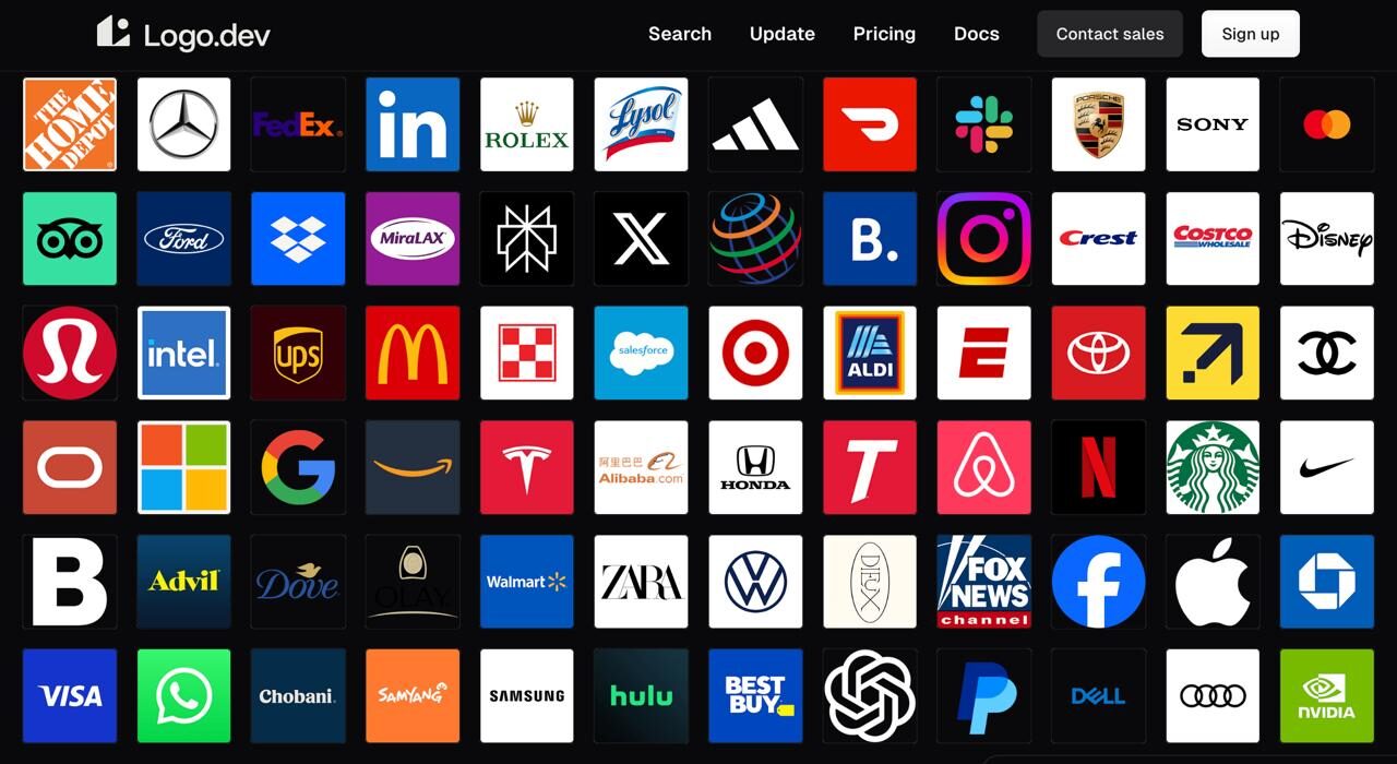 Logo.dev — банк лого API-сервис, который дает доступ к миллионам... 3 Сетка из логотипов известных мировых брендов на черном фоне.