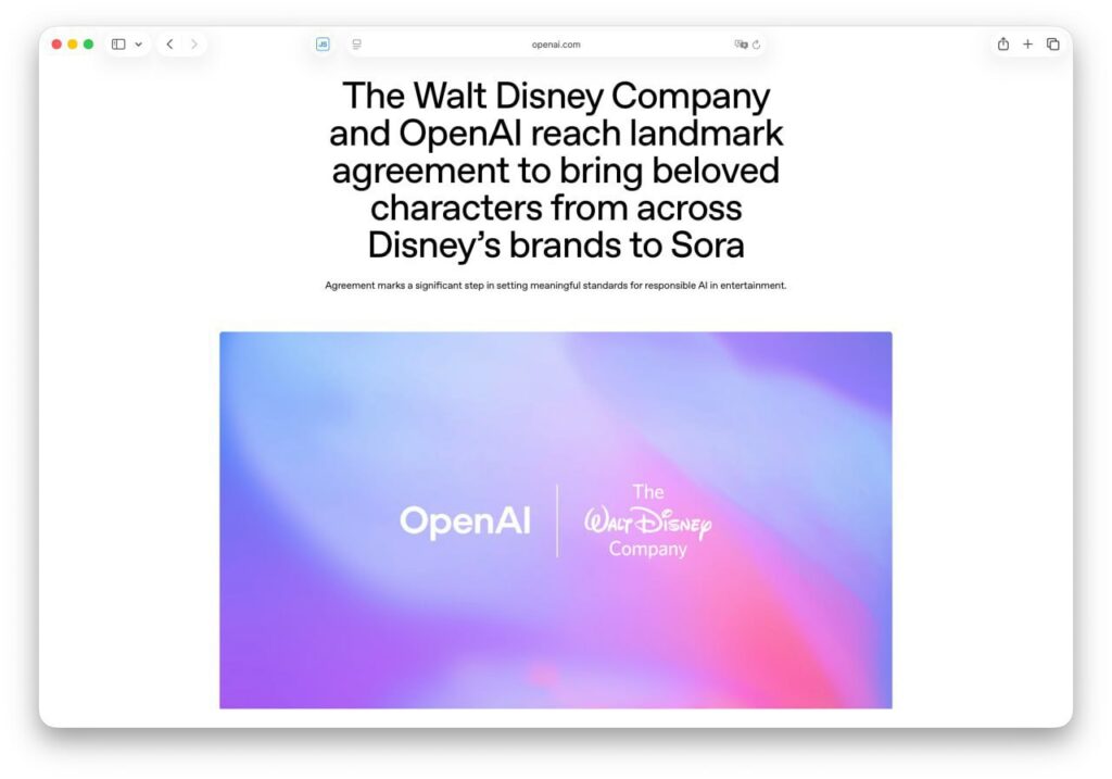 Соглашение OpenAI и Disney о внедрении персонажей в ИИ-развлечения.