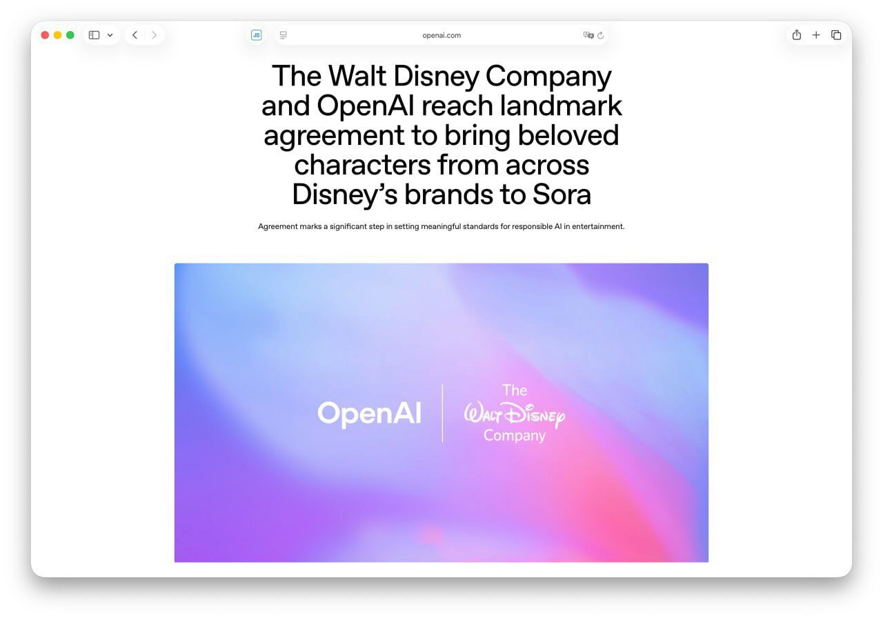 Disney заходит в ИИ по-крупному — $1 млрд в OpenAI... 2 Соглашение OpenAI и Disney о внедрении персонажей в ИИ-развлечения.