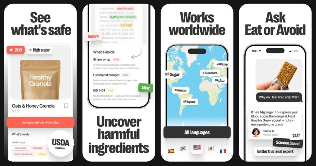 Emma — проверка состава продуктов ИИ-сканер, который помогает точно разобрать... 1 Приложение для оценки безопасности ингредиентов в продуктах и советы по питанию.
