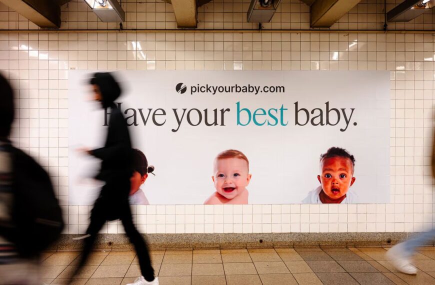 Реклама сайта pickyourbaby.com с фото младенцев на станции метро.