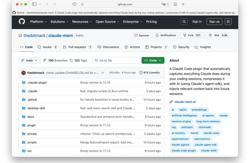 Скриншот репозитория GitHub с файлами плагина Claude-Mem.