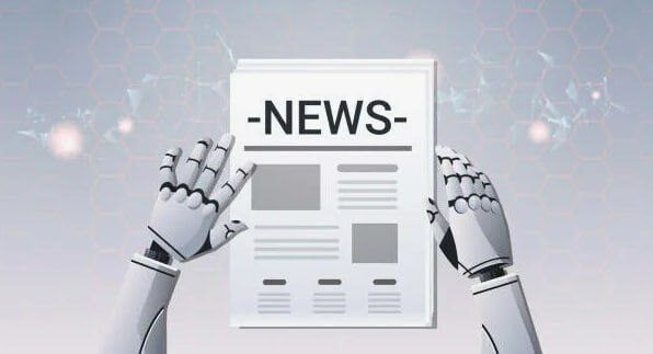 Робот держит газету с заголовком "News", символизируя автоматизацию новостей.