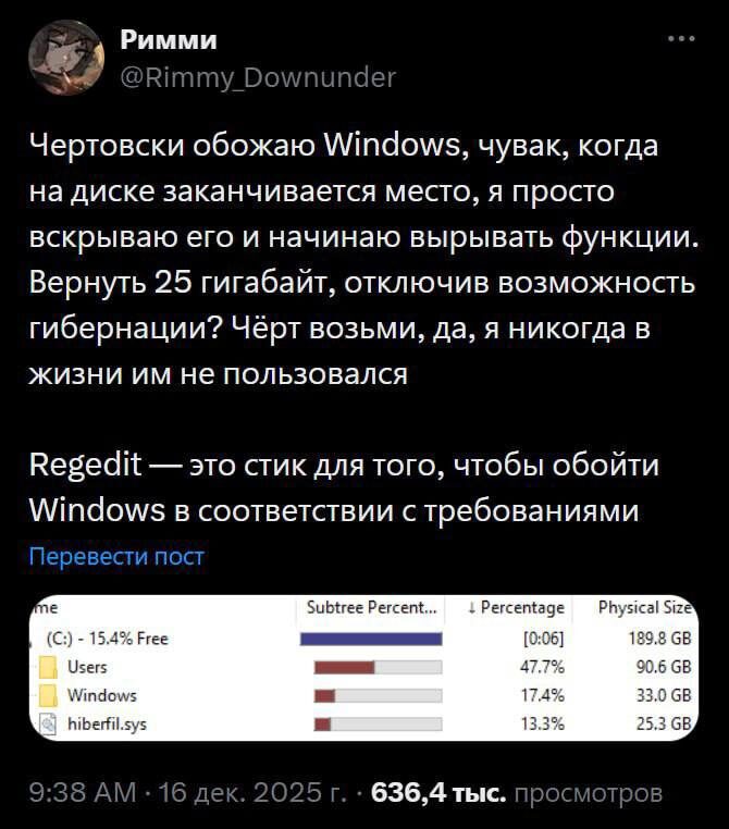 Гибернация в Windows съедает до 30 ГБ — и большинству... 1 Твит о Windows и освобождении места на диске, отключение гибернации для увеличения памяти.