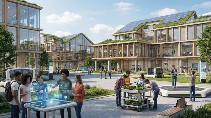 Современный эко-комплекс с зелёными крышами, солнечными панелями и инновационными технологиями.