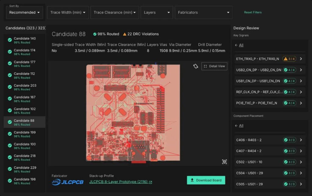ИИ и плата: собери себя сам В Лос-Анджелесе стартап Quilter... 1 Дизайн печатной платы; 98% прокладка, 22 ошибки DRC, параметры и компоненты.