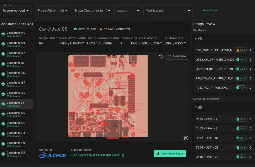 Дизайн печатной платы; 98% прокладка, 22 ошибки DRC, параметры и компоненты.