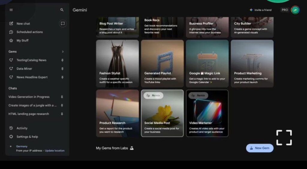 Интерфейс Gemini с панелью задач и выбором приложений для маркетинга и создания контента.